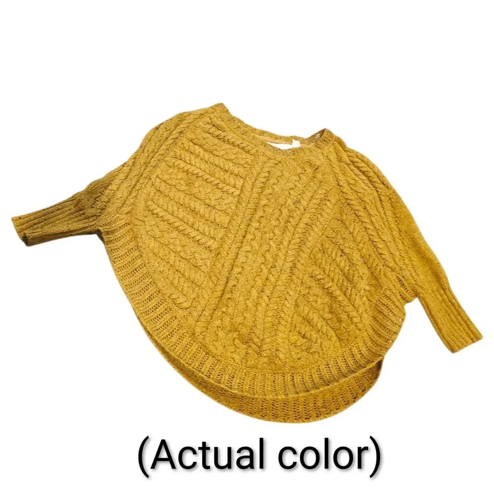 ANGEL OF THE NORTH Sz L Anthropologie Mustard Knit Roubded Hem Poncho Sweater